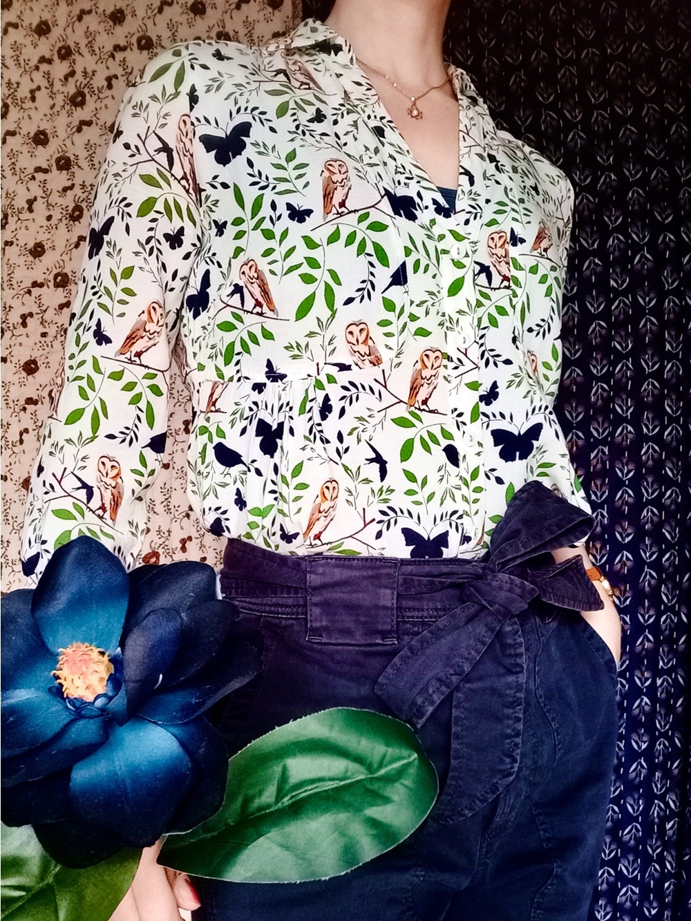 Anthro ❉ Maeve Woodland Walk Owl Butterfly Button Down Shirt Size 00 Petite